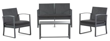 RATTATAN Olbia - Garten-Relax-Set, Zweisitzer-Sofa, Zwei Sessel, großer Couchtisch, Rattan-Effekt, gehärtetes Glas, Kissen inklusive, anthrazit