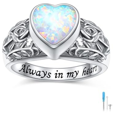 Flyow Urn Ring for Ashes 925 Sterling Silver Opal Rose Memorial Keepsake Jewelry Always in My Heart Cremation Ring for Women Men