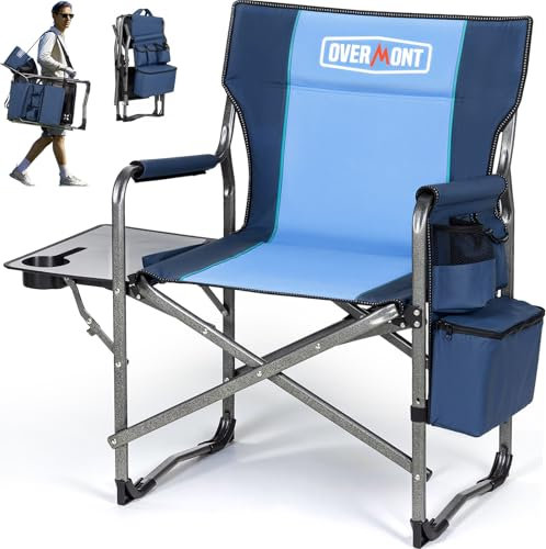 OVERMONT Chaise De Camping Pliable avec Table Latérale Et Sac Isotherme - Fauteuil De Régie - Supporte Jusqu'à 180 Kg pour Camping Pêche Festival Bleu