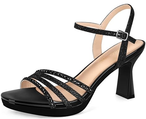 PIZZ ANNU Womens Sandals Glitter Sparkly Rhinestones High Heels for Women Platform Ankle Strap Ladies Summer Shoes Wedding Evening Party Black Size 3