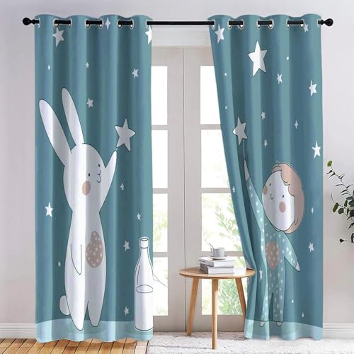 Vorhänge H214 x B91.5 cm (2er Pack) für Wohnzimmer Schlafzimmer Dekor Cartoon Kinder Sterne Drucken Blickdichte Gardinen Verdunkelungsvorhang Lichtdurchlässige Vorhang mit Ösen Grau