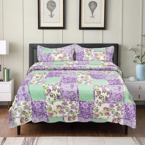 ZIYA HOMES Single Quilted Reversible Patchwork Bedspread Comforter Bed Throw with Pillow Sham Coverlet 3-Piece Bedding Set Cotton Microfiber Polyester