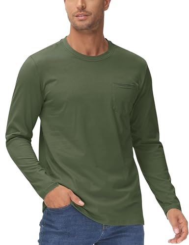 KEFITEVD Long Sleeve T Shirt Mens Cotton Soft T-Shirts Classic Casual Tops Crew Neck Tees Heavyweight Army Green L