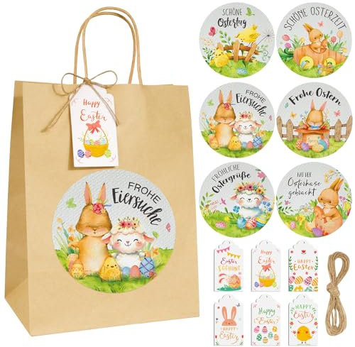 BOFUNX 6 Stück Ostern Geschenktüten mit Griffen und Aufkleber Ostern Kraftpapiertüten Geschenktasche Ostertüten zum Befüllen für Kinder Geschenkverpackung Ostereiersuche Partyzubehör