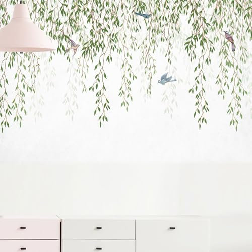 SanKristo Green Willow Bird Wall Sticker, Hanging Green Vine Wall Decals Self Adhesive Plants Leaf Leaves Birds Window Wallpaper, Wall Mural Bedroom Living Room Office Sofa TV Background