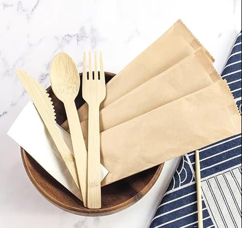 50 Individually Wrapped Bamboo Cutlery Set – Each Set Contains Spoon, Fork, Knife and Napkin