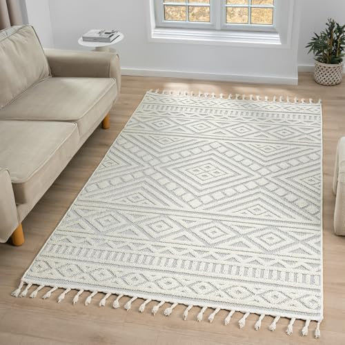 VIMODA Teppich Boho Wohnzimmer, Schlafzimmer, Fransen Skandinavisch, Waschbarer Teppich 3D, Farbe:Creme, Maße:200x290 cm