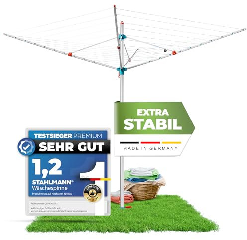 STAHLMANN® Wäschespinne [Made IN Germany ] - Wäschespinne draußen [50 M Leinenlänge] inkl. Bodenhülsen mit Deckel - höhenverstellbare Wäschespinne aus hochwertigem Aluminium