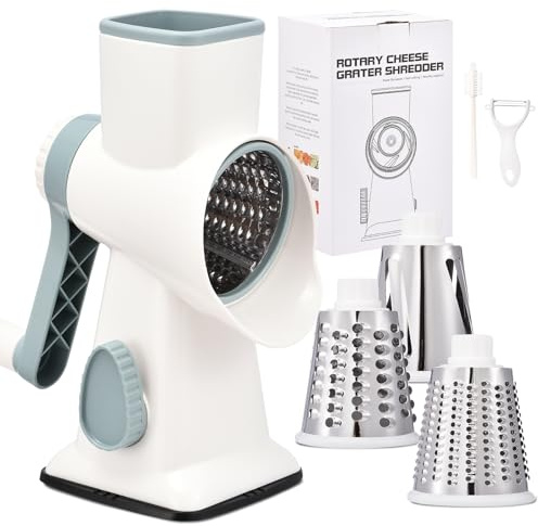 Grattugia rotativa per formaggio con manico da cucina trituratore affettatrice grattugia affettatrice per ghiaccio formaggio verdure noci patate zucchine cioccolato 3 lame intercambiabili (biancoblu)