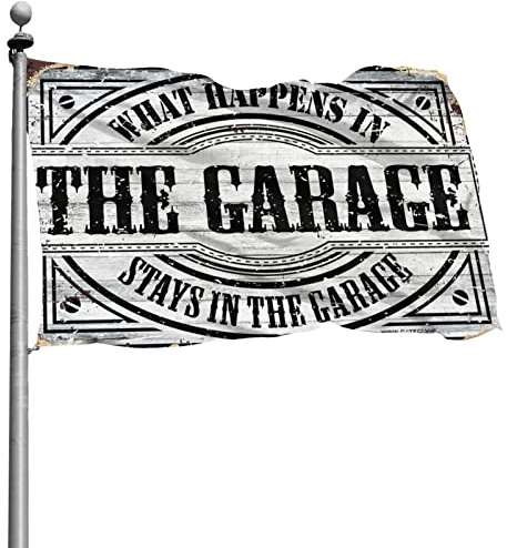 Lustige Raumflagge, Motiv: Aufschrift What Happens In The Garage, lustige Raumflagge, Bierdekorationen für Männerhöhle, 60 x 90 cm