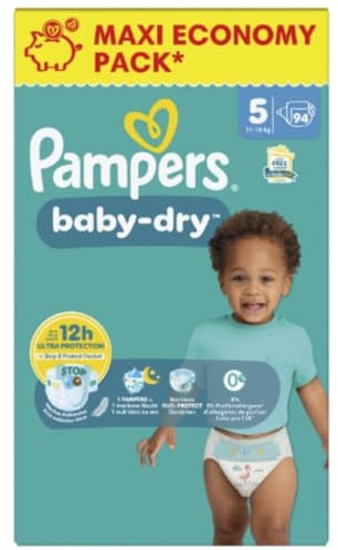 Pampers Baby-Dry Größe 5, 94 Windeln, 11 kg - 16 kg, eine bequeme Nacht bis zu 100% ohne Auslaufen