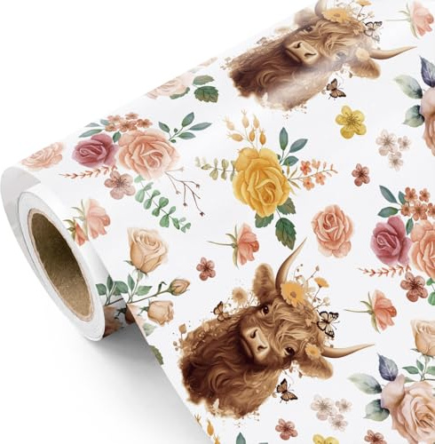 RUSPEPA Highland Cow-Geschenkpapier – Mini-Rolle – 43,2 cm x 5 m – Geschenkpapier mit Highland-Kuh- und Blumenmotiv für Geburtstage, Babypartys, Hochzeiten