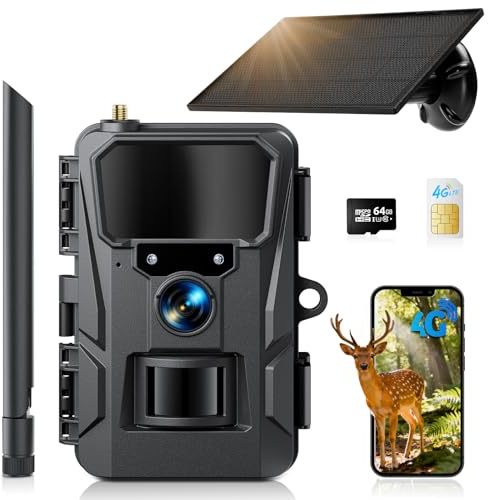 WOLFANG Wildkamera 2K 48MP, 4G LTE Live-Solar-Übertragung Wildkamera mit Handyübertragung-App, Echtzeitalarm, Infrarot-Nachtsicht-Jagdkamera mit 5200 mAh Akku, 64 GB SD-Karte, IP66 schwarz