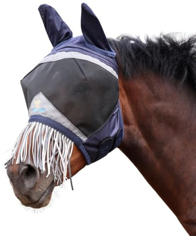 Shires FlyGuard Pro Fine Mesh Fly Mask with UV Protection Navy/Ears and Nose Fringe/Cob