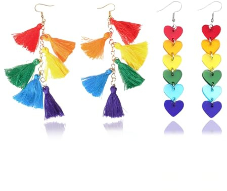 2 Paar Regenbogen Vintage Ohrringe Set – farbenfrohe Hängeohrringe für regenbogen kostüm damen, auffällige pride outfit damen Deko, Pride Schmuck Accessoires, Karneval & Sommer Events