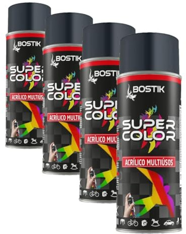 Bostik SUPER COLOR GRIS ANTRACITA RAL 7016, Pintura en Spray Acrílica para Uso Profesional y Doméstico, Multiusos, Secado Rápido, Acabado Brillante, Interior y Exterior, Bote 400 ml (Paquete de 4)