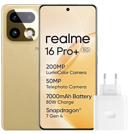 realme 16 Pro+ 5G Smartphone, 8GB+256GB, Pantalla Curva AMOLED 144Hz 6,8, Batería 7000mAh, Cámara 200MP OIS, IP69K, Carga Rápida 80W, Dual SIM, Next AI, Oro (con Adaptador)