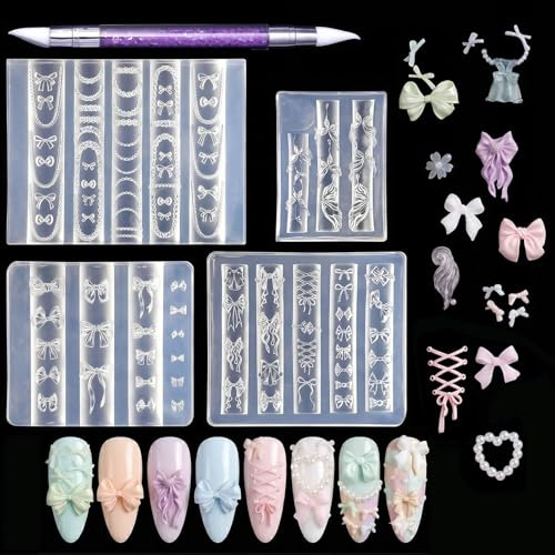 CharmeFleur 4 Pieces Bow Silicone Nail Art Molds 3D Various Shapes Ribbon Lace Pendants Silicone Nail Accessories With Engraving Pen Resin Nail Design Mold