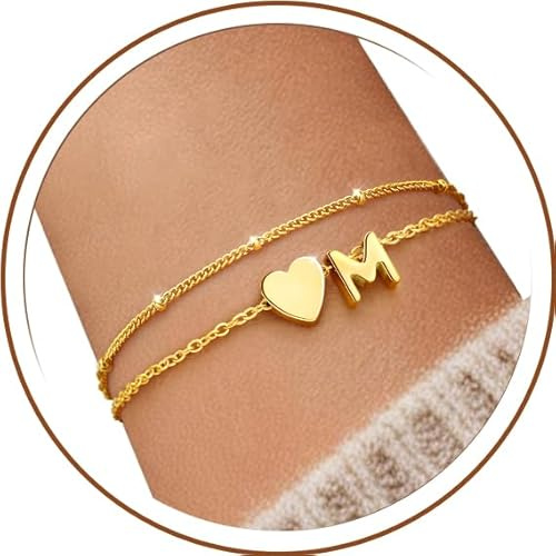 J.Fée Armband Damen Silber/Gold, Personalisiertes Armband Mit Buchstaben Aus 925er Silber Oder 14 Karat Gold, 26 Initialen Von A Bis Z Herz Layering Armbänder Damen, Elegantes Geschenke Für Frauen