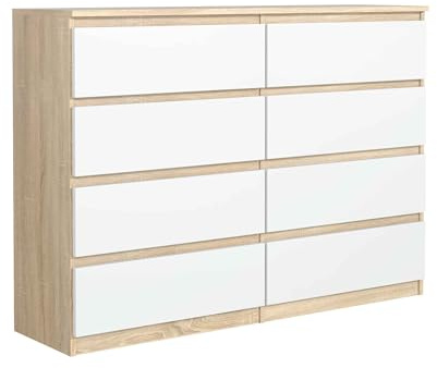 Masseno Kommode NUDO 120 cm Sideboard mit 8 Schubladen und Türen für Wohnzimmer Schlafzimmer Modern 120x39x101,5 cm Sonoma Eiche/Weiß