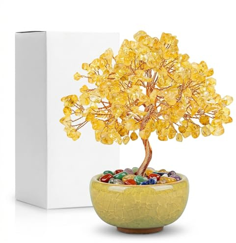 GWEOR Arbre de Vie Cristal Arbre, Arbre de Richesse en Citrine 72 Gemmes 8 Fleurs, Arbre de Décoration Maison, Cadeau Spirituel & Énergétique avec Boîte Cadeau