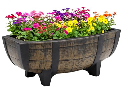 Spetebo Fioriera in plastica con aspetto botte di quercia, marrone con fondo drenante - 41 x 30 cm - Vaso da fiori in legno metà botte con protezione da ristagno idrico - Decorazione da giardino, vaso