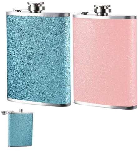 Hip Flask, 2 Pcs 230ML 8 Oz Hip Flasks for Women, Pink Stainless Steel Vibrant Flask Alcohol for Hiking Camping Barbecuing Birthday Party Festival (Pink, Blue)