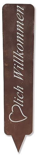 ARTTEC Schild, Hinweisschild, Gartenschild Herzlich Willkommen - hochwertige Gartendeko aus Metall - Rost Deko für Garten, Balkon & Terasse - Metall Deko zum Aufstellen - Made in Germany