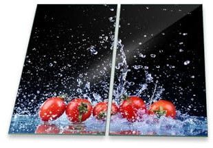 Herdabdeckplatte Abdeckung Ceranfeld Abdeckplatte Schneidebrett 2-Teilig 60x52 Tomaten Schwarz Spritzschutz Glasplatte Ceranfeldabdeckung Schutz Herdschutz Sicherheitsglas Glasschneidebrett 2x30x52