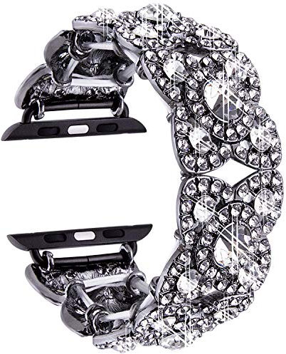 VIQIV Cinturino scintillante per Apple Watch da 38 mm, 40 mm, 41 mm, 42 mm (Serie 10), iWatch Serie 11 10 9 8 7 6 5 4 3 2 SE SE2, cinturino in acciaio inossidabile con diamanti sintetici da donna nero