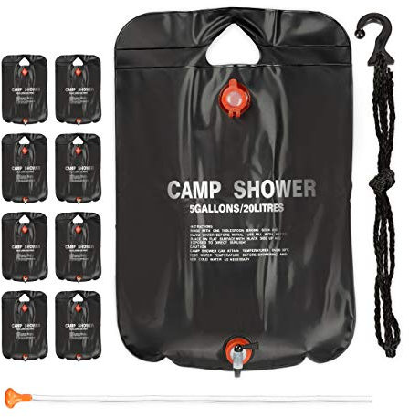 Relaxdays 9 x Campingdusche 20 l im Set, Solardusche Camping, zum Aufhängen, faltbar, mit Handbrause, Mobile Außendusche, schwarz
