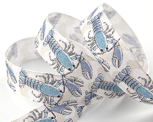 20 m x 25 mm Dekoband MARITIM KREBSE HELLBLAU WEISS Schleifenband Geschenkband Deko Band Tischdeko Lobster Hummer Stoffband mit formstabilen Kanten