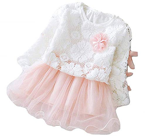 Vestito Cerimonia Bambina Elegante Maglietta Pizzo Gonna Tulle Taglia 70 cm Rosa Bianco Neonato Abbigliamento Bimba Battesimo