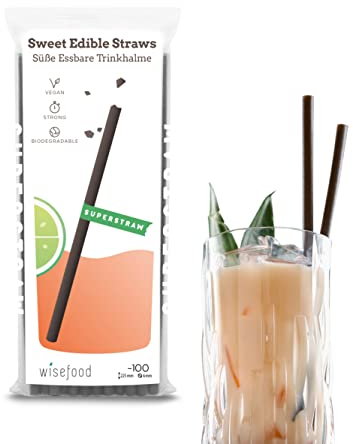 Wisefood - Süße Essbare Strohhalme - essbarer Trinkhalm als Alternative zu Glasstrohhalme Einweg-Plastik-Strohhalm Edelstahlstrohhalm oder Metallstrohhalm - 22,5cm lang Ø 6mm 100 Stück - schwarz