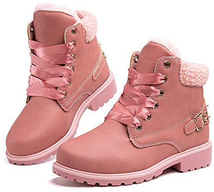 Hitmars Botas Mujer Invierno Botas de Nieve Cálido Zapatos Botines Forradas Planas Snow Boots Antideslizante Calzado Comodos Cordones Rosa-1 39 EU