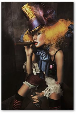 Postereck - 0444 - Weiblicher Clown, Zigarre Alkohol Rauchen Frau - Wandposter Fotoposter Bilder Wandbild Wandbilder - Leinwand - 100,0 cm x 75,0 cm