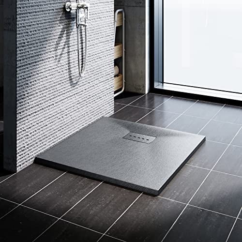 SONNI Duschwanne Schieferoptik und Rutschfeste Struktur 80x80 cm Grau Duschtasse flach (Inklusive Siphon)