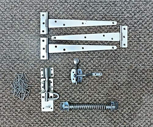 Gate Fitting Kit 10 250mm Heavy Duty Tee Hinges (3), Auto Gate Latch, 8 Return Spring and Brenton Bolt Lock Set Zinc, Ideal for Garden Gate, Shed Doors & Barn Doors, Supplied with All The fixings