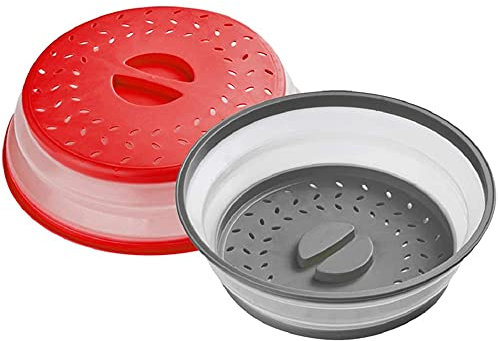 Couvercle anti-éclaboussures pliable pour micro-ondes, égouttoir à fruits, sans BPA, passe au lave-vaisselle, 26,7 cm (gris + rouge)