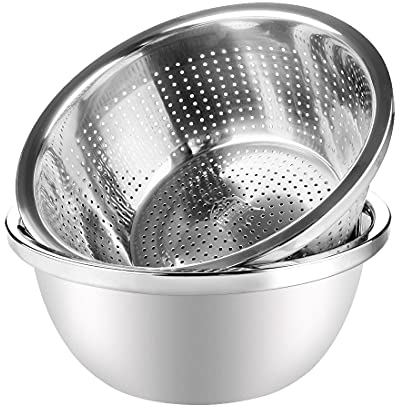 Linkidea 27,9 cm 304 Edelstahl Sieb mit Schüssel Set von 2 Stück, Küchensieb, Unterlegscheibe, Abtropfkorb mit Becken für Gemüse, Obst, Nudeln, Salat, Mischen, Lebensmittelzubereitung,