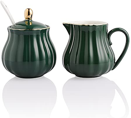 SWEEJAR Royal Ceramic Sugar & Creamer Set - 3 Piece Coffee Serving Set With Cream Pitcher, Sugar Bowl & Lid - Jade