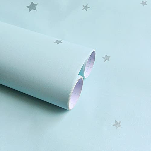 Dostear Contact Paper Self Adhesive Bathroom Vinyl Cheap Wallpaper Paper Vinyl Wrap for Furniture Stickers Wall Paper Light Blue Stars 61 X 500cm(24.02 X 196.85 inches)