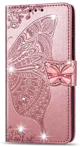 For iPhone SE 2022 Case iPhone SE 2020 Case iPhone 8/7 Case Glitter 3D Bling Sparkly Gems Butterfly Flip Case Stand Wallet Phone Case Card Slots Magnetic Silicone Bumper Shockproof Cover Rose gold