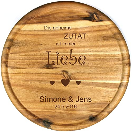 Sterngraf Pizzateller mit Gravur (Namen) personalisiertes Holz Pizzabrett 32cm Akazienholz - Geschenkidee zur Hochzeit, Geschenke Jahrestag Jubiläum Hochzeitsgeschenke, Motiv P16 Geheime Zutat