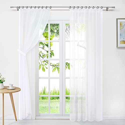 Yujiao Mao Voile Transparente einfarbige Gardine mit Satinband Design Einfassung Morderne Wohnzimmer Gardinen mit Kräuselband und mit Raffhalter, Weiß, BxH 140x175cm (2 Stück)