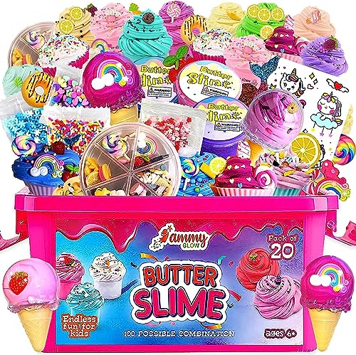 Jumbo Butter Slime Kit for Girls Boys ages 10-12w/ Storage Box Keeps Slime Fresh Avoids Drying Out - Slime Charms w/Organizer - Ice Cream Cupcake Sticker & More - Valentines Gifts for Kids