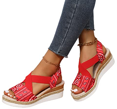 VALINK Damen Plateau Keilsandalen Frauen Chunky Plateau Sandalen Ethno Stil Offene Zehen Kreuzriemen Sommerschuhe