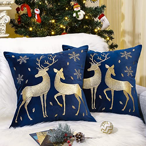 Lewondr Weihnachten Kissenbezug, 2 Stück Samt Kopfkissenbezug mit Schneeflocke Rentier Stickerei, Quadratischer Weihnacht Zierkissenbezug für Zuhause Auto Büro 45x45 cm - Marineblau & Gold Hirsch