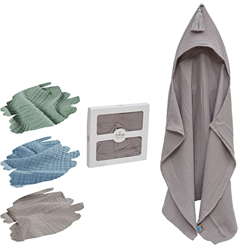 sei Design Musselin Bade-Poncho Baby mit Kapuze personalisierte Geschenke Baby,100% Bio Baumwolle, Babyhandtuch mit Kapuze Kapuzenbadetuch, Baby Erstausstattung Neugeborene Badeponcho Kinder