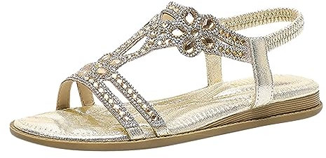 Sandales Femmes Habillées D'été Plat Strass Fleur en Cuir Bohème Sandales T-Strap Élastique Bride À La Cheville Bout Ouvert Chaussures De Plage Cristal Floral Casual Chaussures (Or, 42)